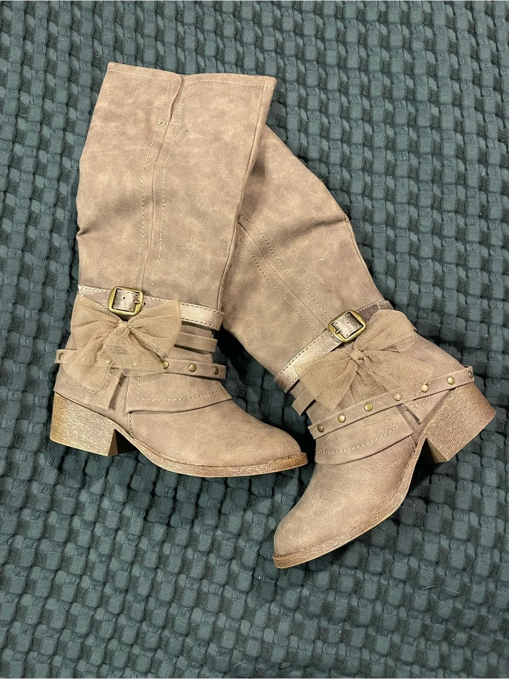 Girl’s Knee-High Buckle and Bow Riding Boots - Taupe